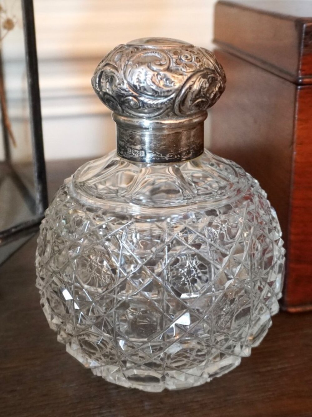 Antique Sterling Silver Cut Glass Perfume Bottle Ornate Floral Lid 1900 English
